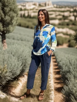 pantalon lin boheme bleu marine devant